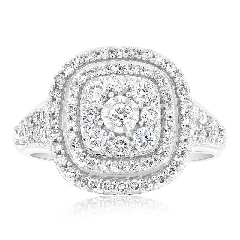 Handcrafted Beauty At Affordable Prices 0.95 Carat Diamond Cluster Cushion Ring in 10ct White Gold