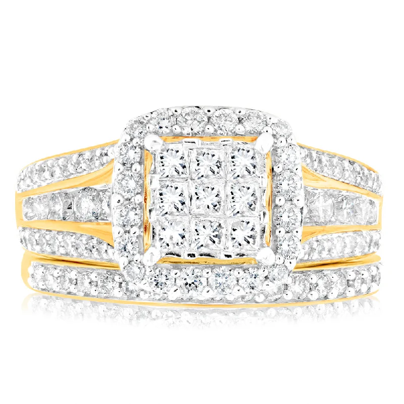 Sparkle On A Budget – Fine Jewelry For Less 1.40 Carat Diamond Cushion Shape Bridal Set in 10ct Yellow Gold Sparkle On A Budget – Fine Jewelry For Less 1.40 Carat Diamond Cushion Shape Bridal Set in 10ct Yellow Gold