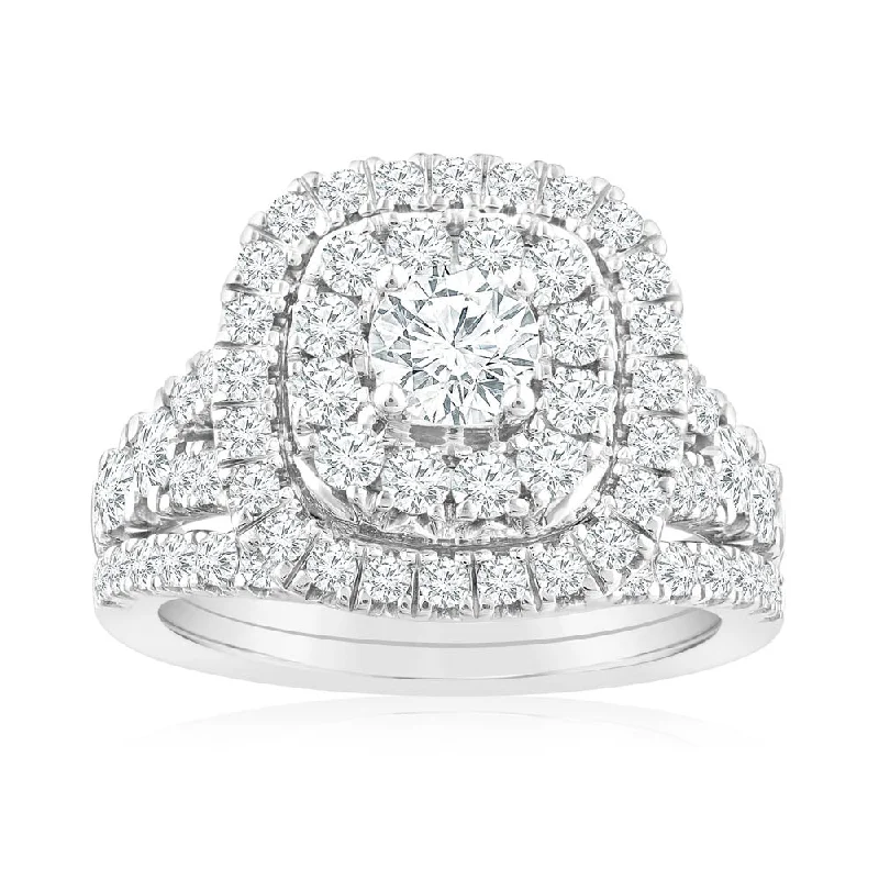 Make Your Outfit Shine With Discounted Jewelry 1.90 Carat Diamond Cushion Shape Bridal Set in 10ct White Gold Make Your Outfit Shine With Discounted Jewelry 1.90 Carat Diamond Cushion Shape Bridal Set in 10ct White Gold