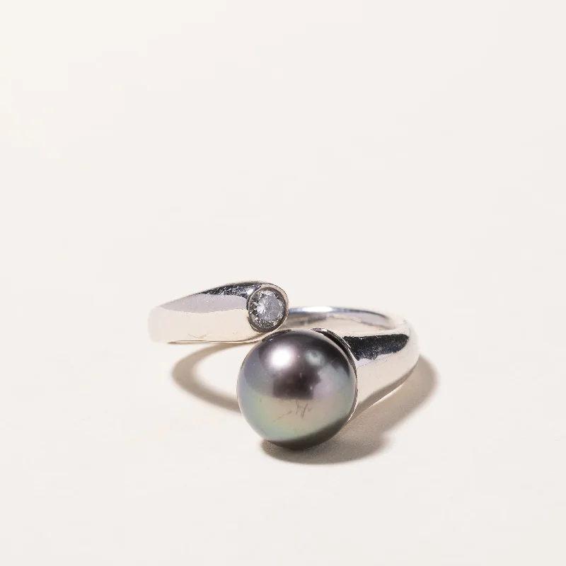 Clearance Sale On High-End Jewelry Collections 14k White Gold Black Pearl and Diamond Ring | 9.20mm, 0.15ct | SZ 6.25