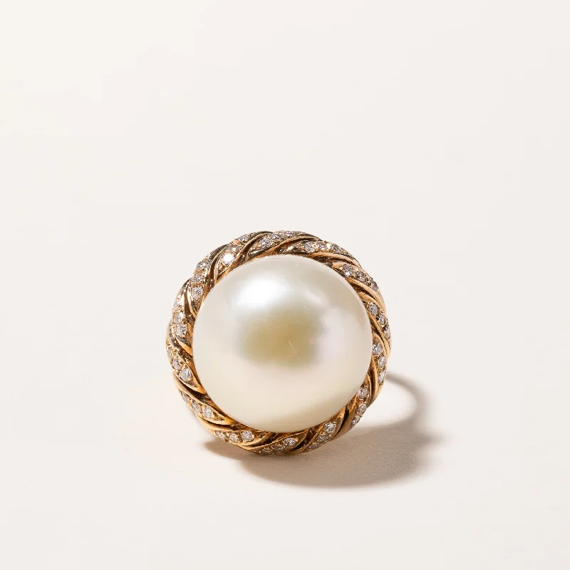 Trendy Minimalist Jewelry For Everyday Wear 18k Yellow Gold South Sea Pearl & Diamond Ring | 15.10-13.80mm, 0.27ctw | SZ 7