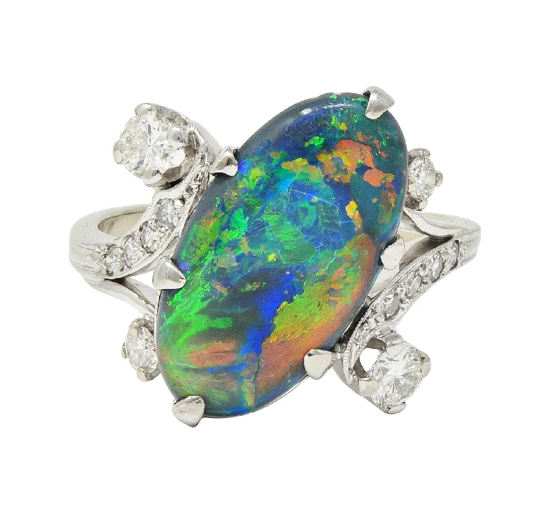 Jewelry Deals That Outshine The Rest 1950's Black Opal Diamond 14 Karat White Gold Scrolling Navette Bypass Ring