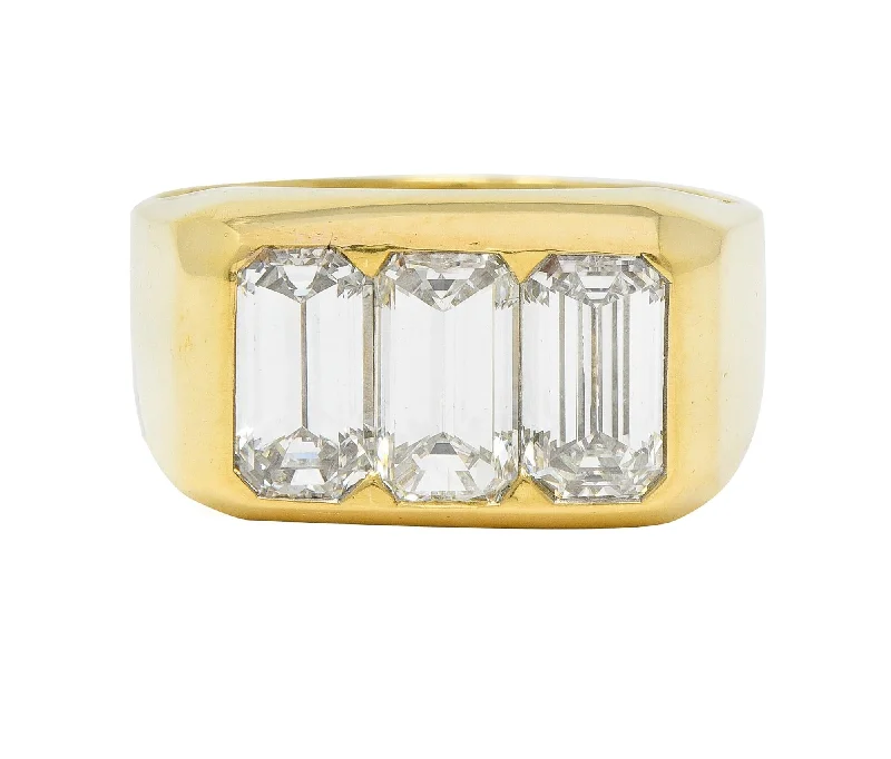 Seasonal Jewelry Deals – Elevate Your Style 3.48 CTW Flush Emerald Cut Diamond 18 Karat Yellow Gold Vintage Three Stone Unisex Ring