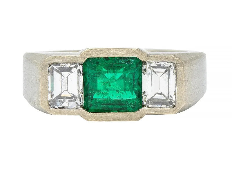 Your Dream Jewelry At Dream Prices – Shop Now 3.79 CTW Colombian Emerald Diamond 14 Karat White Gold Three Stone Men's Unisex Ring AGL