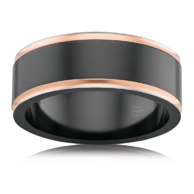 Personalized Jewelry Sale – Meaningful Gifts At Great Prices 9ct Rose Gold and Zirconium 8mm Gents Ring. Size T and U.