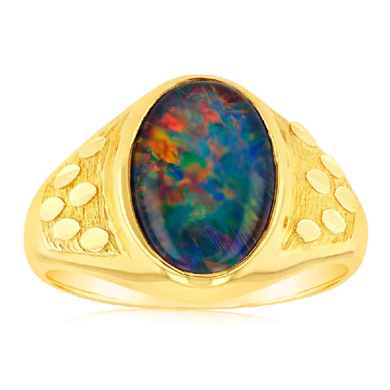 Seasonal Jewelry Deals – Elevate Your Style 9ct Yellow Gold 14x10MM Triplet Opal Gents Ring