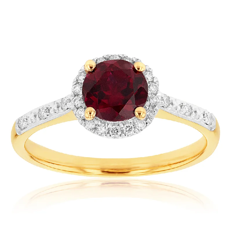 Luxury Meets Affordability – Jewelry Sale Now Live 9ct Yellow Gold 6mm Created Ruby and Diamond Halo Ring