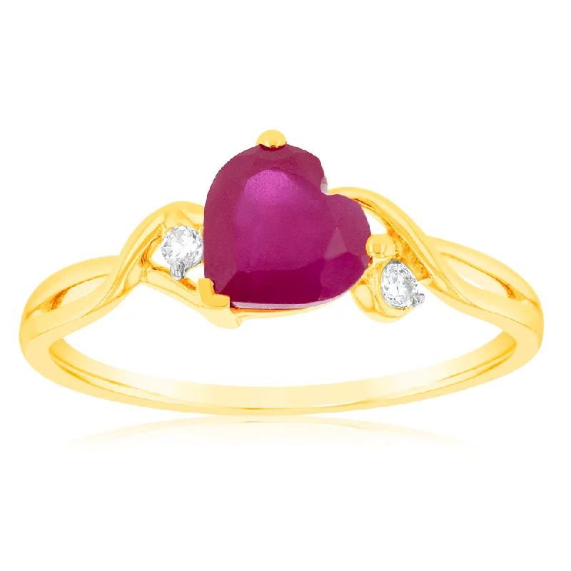 Shop High-Quality Jewelry At Jaw-Dropping Discounts 9ct Yellow Gold 7mm Created Heart Ruby And Diamond Ring