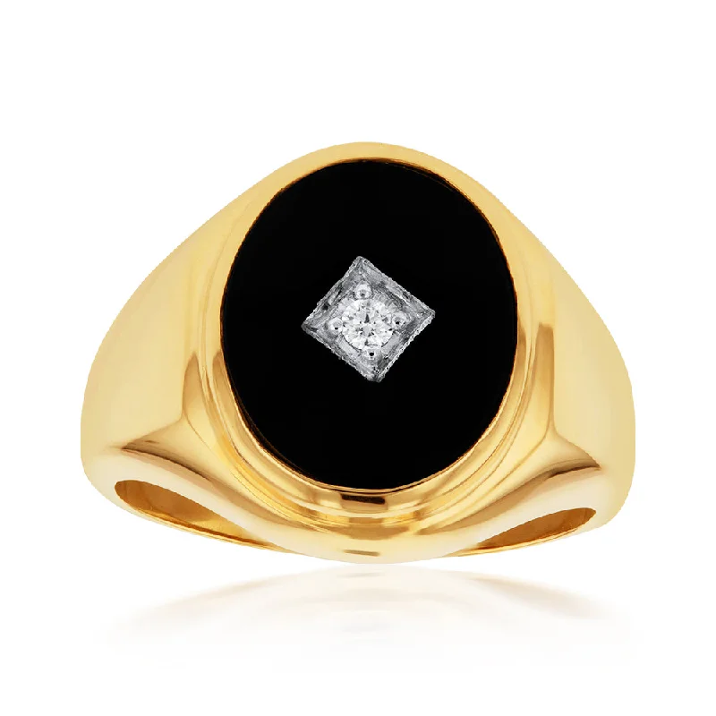 Stunning Jewelry At A Fraction Of The Price 9ct Yellow Gold Black Onyx and Diamond Gents Ring