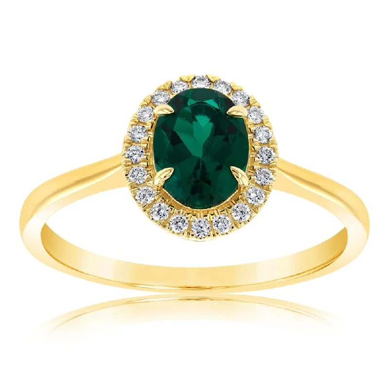 Grab Your Favorite Jewelry At The Lowest Prices 9ct Yellow Gold Created Oval Emerald And Diamond Halo Ring
