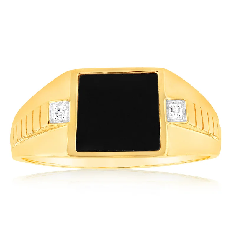 Best-Selling Jewelry Now Available At Special Deals 9ct yellow Gold Ring in 1Black Agate & 2Diamonds