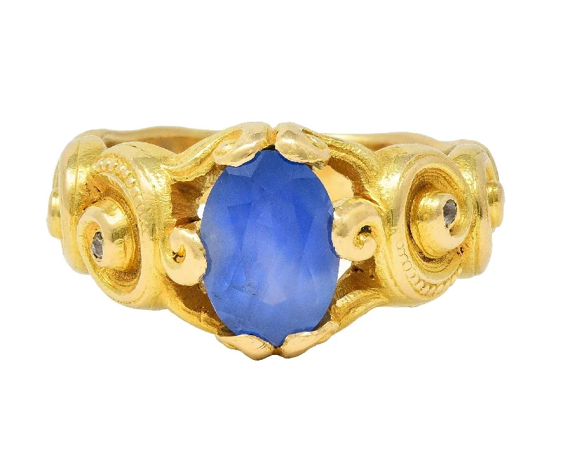Shine Without Limits – Jewelry Sale Happening Now Art Nouveau 2.25 CTW Sapphire Diamond 18 Karat Yellow Gold Antique Unisex Swirl Ring