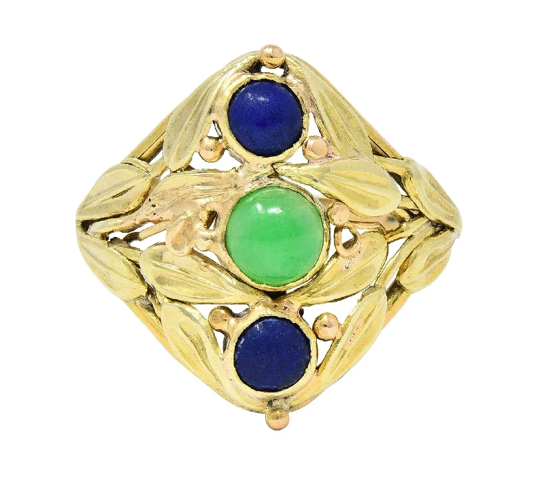 Jewelry Clearance Sale – Final Reductions Arts & Crafts Jade Lapis Lazuli 14 Karat Two-Tone Gold Foliate Navette Antique Ring