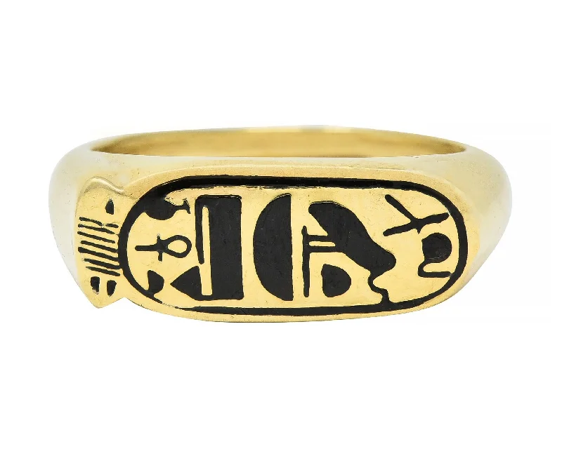 Stunning Jewelry At Even More Stunning Prices Contemporary Enamel 14 Karat Yellow Gold Egyptian Revival Cartouche Signet Ring Stunning Jewelry At Even More Stunning Prices Contemporary Enamel 14 Karat Yellow Gold Egyptian Revival Cartouche Signet Ring