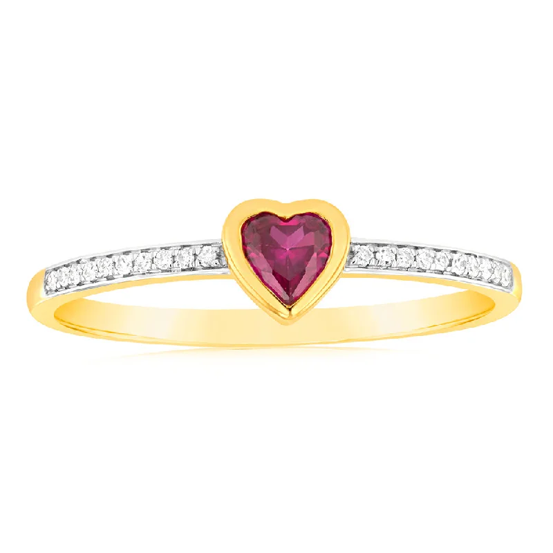 Grab Your Dream Jewelry At The Lowest Prices Created Ruby & Heart Shaped Diamond Ring in 9ct Yellow Gold