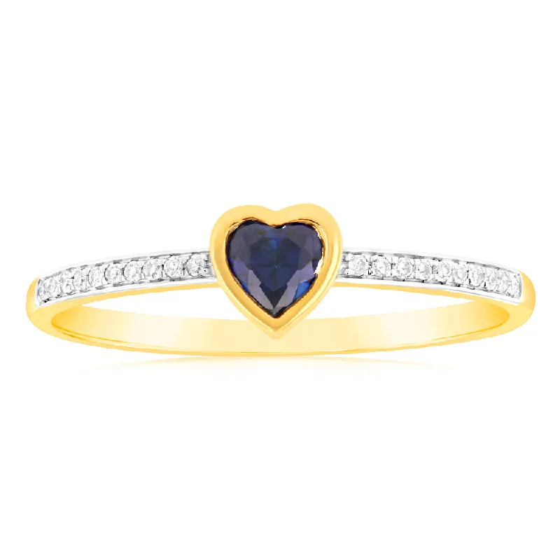 Special Deals On Handcrafted And Designer Jewelry Created Sapphire & Heart Shaped Diamond Ring in 9ct Yellow Gold