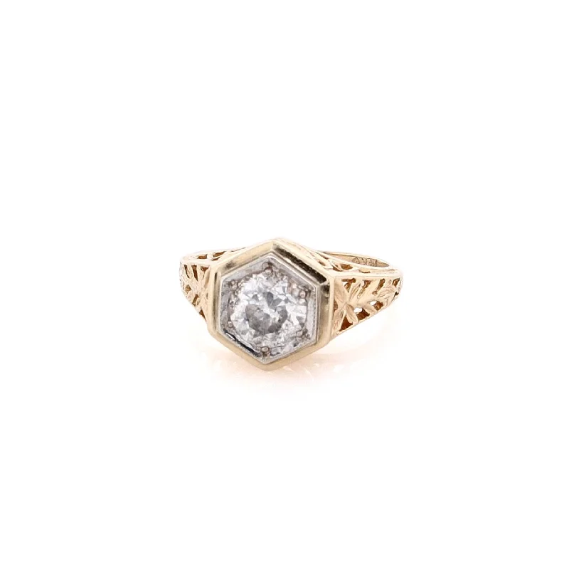 Breathtaking Jewelry At Limited-Time Savings Estate 14 Karat Two-Tone Hexagonal and Filagree Diamond Ring