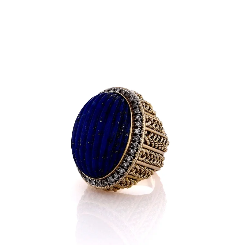 Fashion-Forward Jewelry At Exclusive Discounts Estate 14k Yellow Gold Carved Lapis and Diamond Ring