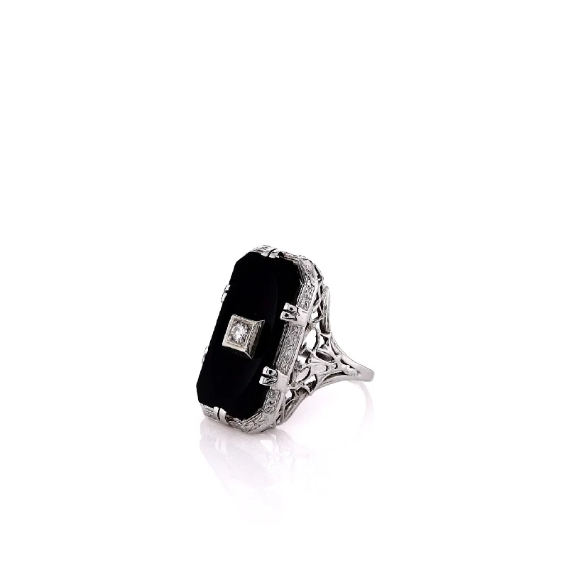 Shop Fine Jewelry With Amazing Deals Estate 18k White Gold Filigree Onyx and Diamond Ring Shop Fine Jewelry With Amazing Deals Estate 18k White Gold Filigree Onyx and Diamond Ring