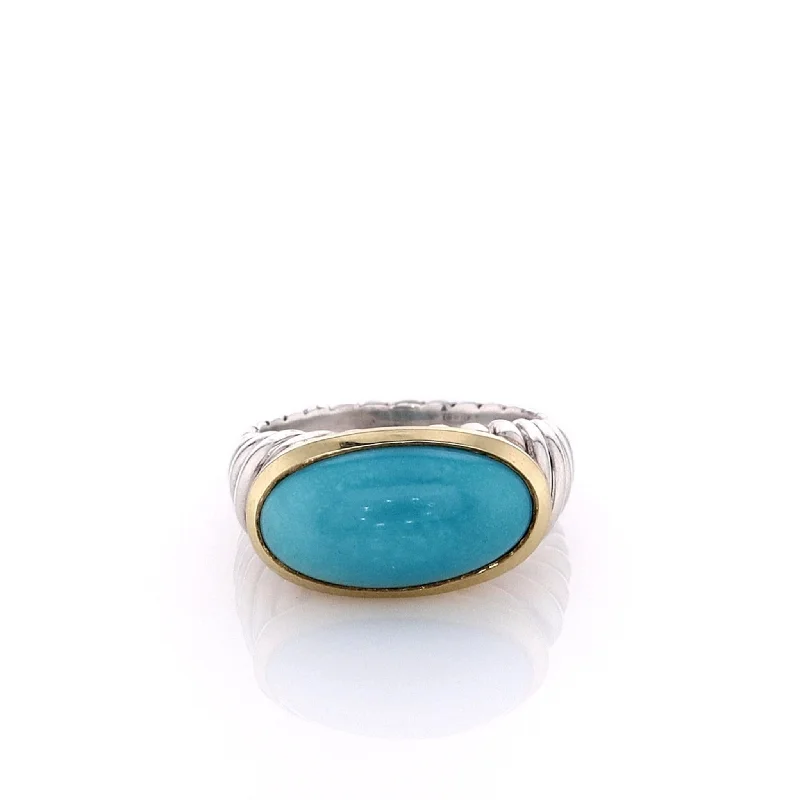 Stunning Statement Jewelry, Unbeatable Discounts Estate David Yurman Two-Tone Oval Turquoise Cabochon Ring Stunning Statement Jewelry, Unbeatable Discounts Estate David Yurman Two-Tone Oval Turquoise Cabochon Ring