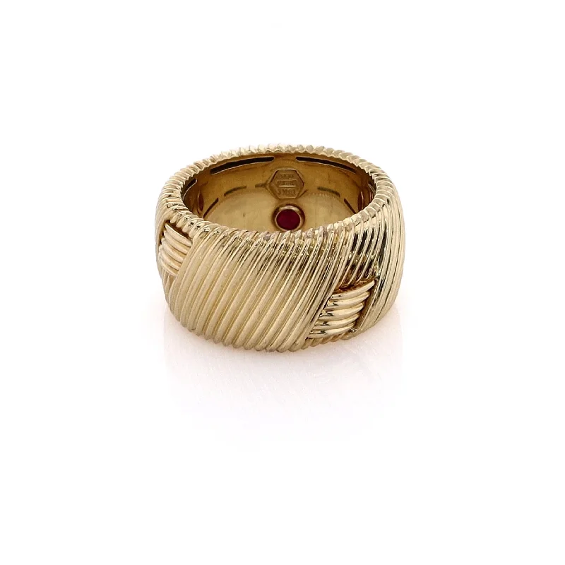 Exclusive Jewelry Sale – Grab Timeless Pieces Now Estate Roberto Coin 18 Karat Yellow Gold 11.8mm Wide Ribbed Woven Design Ruby Ring