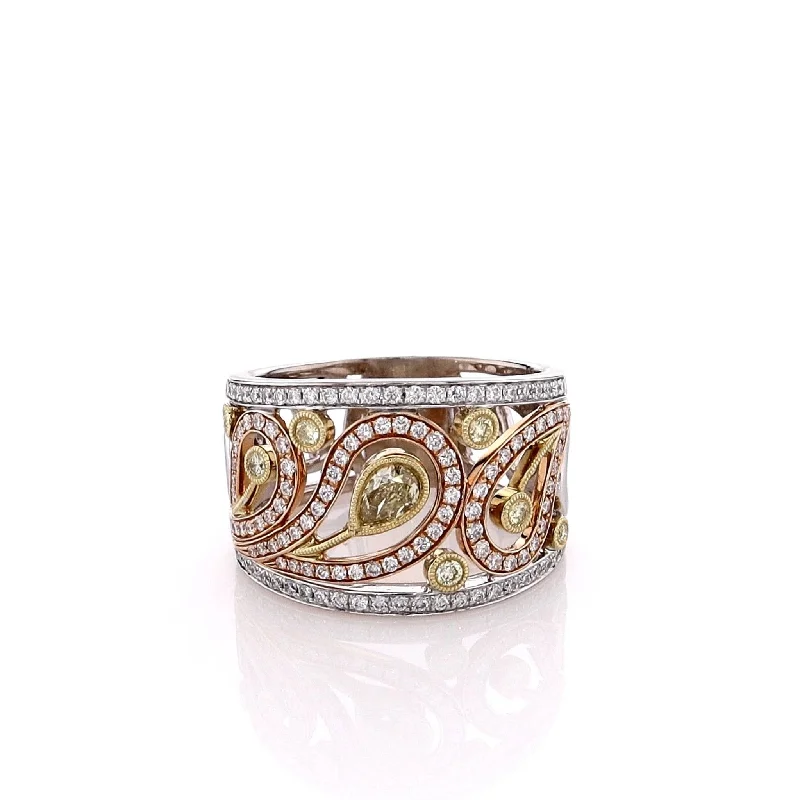 Clearance Sale On High-End Jewelry Collections Estate Simon G 18k Tri Tone Paisley Design Yellow and White Diamond Ring