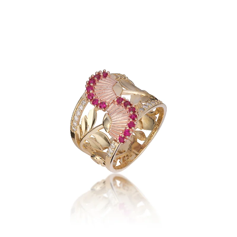 Shop Stylish Jewelry Now And Save Big ʻŌhiʻa Lehua Ruby Ring in Two Tone Gold with Diamonds