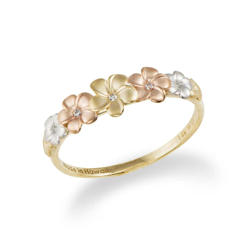 Personalized Jewelry At Special Discount Rates Plumeria Ring in Tri Color Gold with Diamonds - 6mm