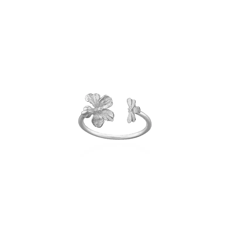 Delicate Crystal Jewelry For Sophisticated Charm Silver Honeybee and Hibiscus Ring