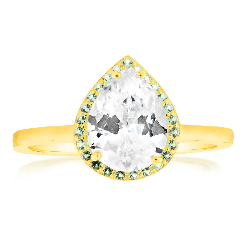 Bestselling Jewelry At Special Promotional Rates Sterling Silver Gold Plated Pear Shaped Green And White Zirconia Ring