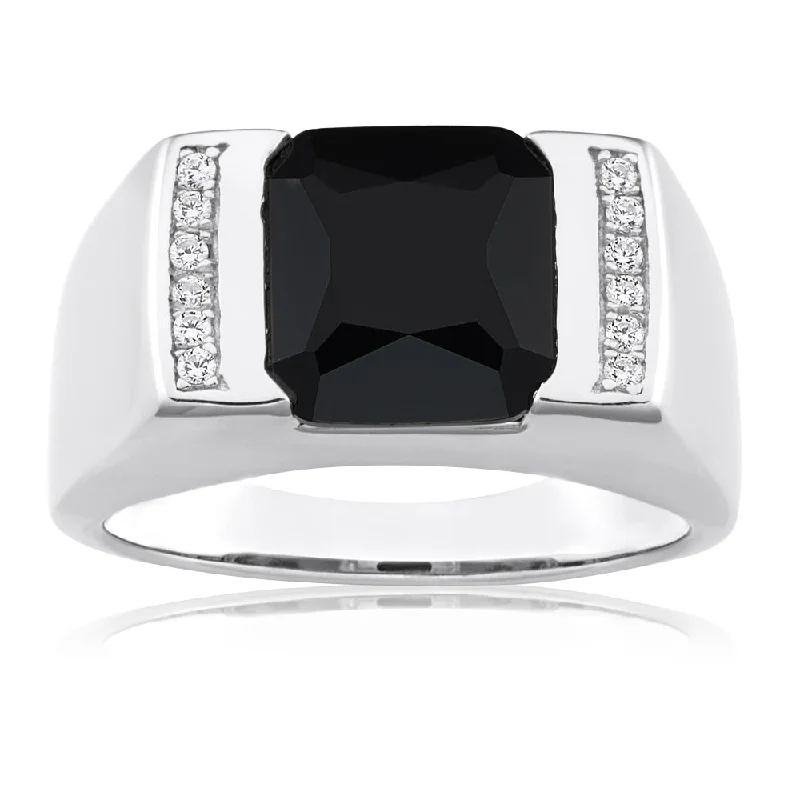 Best Jewelry Sale – Shop Exclusive Designs Now Sterling Silver Onyx and Zirconia Flat Top Gents Ring