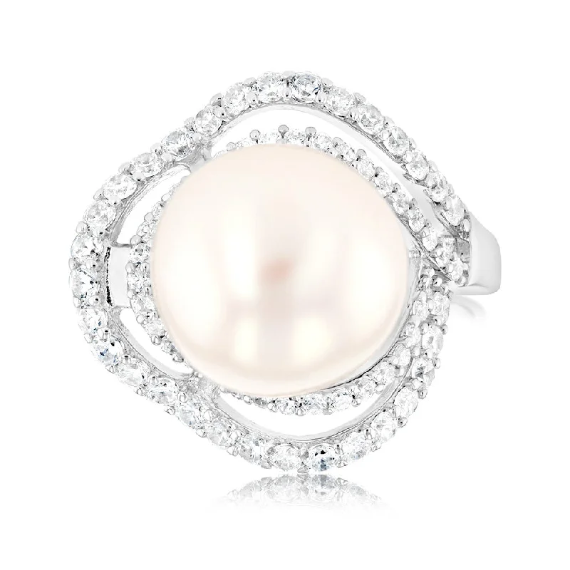 Affordable Glamour – Premium Jewelry For Less Sterling Silver Rhodium Plated 12-12.5mm White FW Button Pearl & CZ Ring