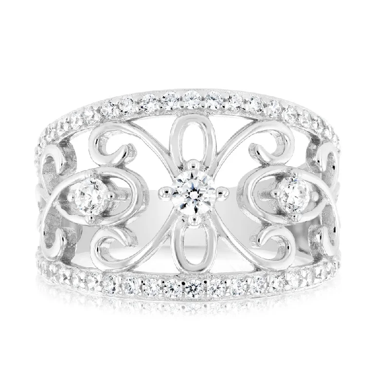 Limited-Stock Jewelry Clearance – Grab Your Favorites Now Sterling Silver Rhodium Plated Fancy Cut Out Zirconia Ring