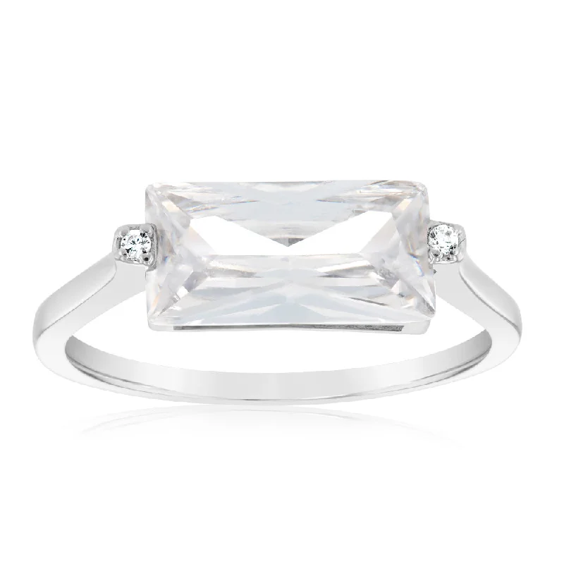 Romantic Heart-Shaped Jewelry For Special Gifts Sterling Silver White Rectangular Zirconia Ring