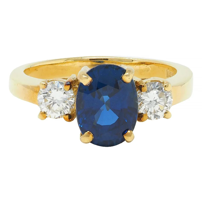 Must-Have Jewelry Pieces At Reduced Prices Vintage 2.32 CTW Sapphire Diamond 18 Karat Yellow Gold Three Stone Ring GIA