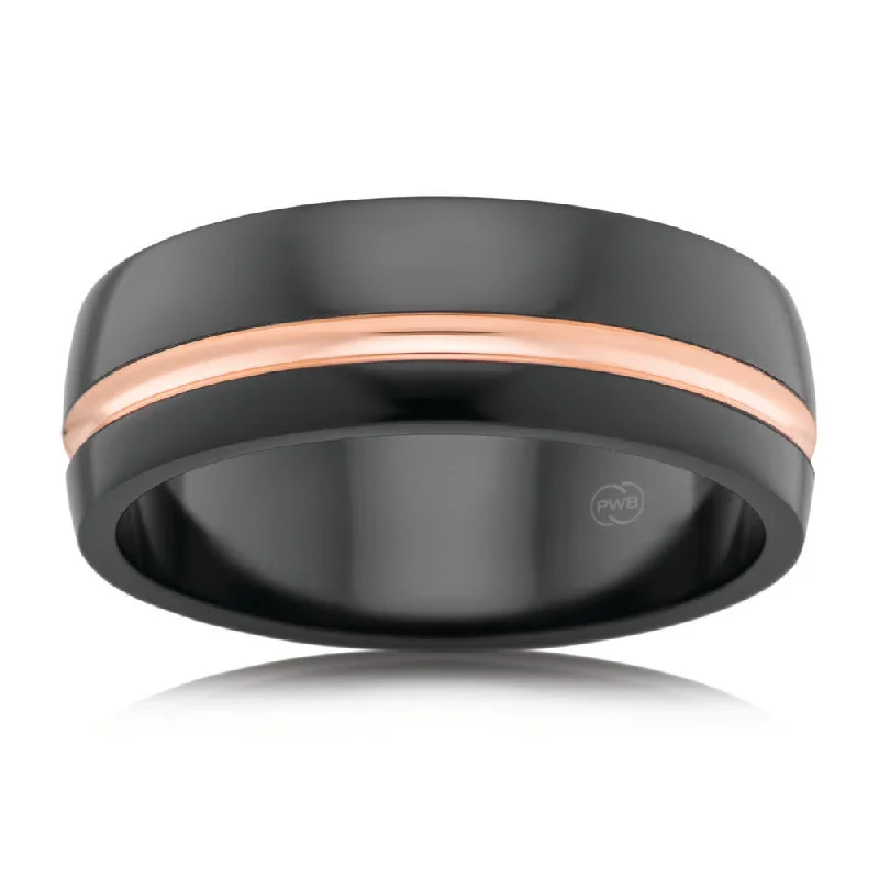 Bestselling Jewelry Now On Sale – Elevate Your Look Zirconium and 9ct Rose Gold 8mm Gents Ring. Size U.