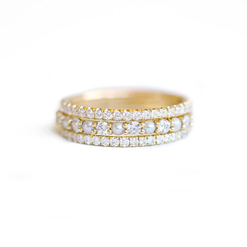 Affordable Luxury Jewelry For Every Occasion 2mm Pearl & Diamond Shared Prong Stacking Ring Set Affordable Luxury Jewelry For Every Occasion 2mm Pearl & Diamond Shared Prong Stacking Ring Set