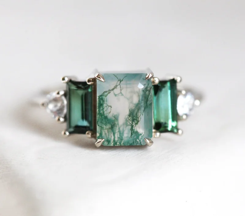 Versatile Layering Jewelry For Effortless Chic Victoria Emerald Cut Moss Agate Ring With Accent Stones Versatile Layering Jewelry For Effortless Chic Victoria Emerald Cut Moss Agate Ring With Accent Stones