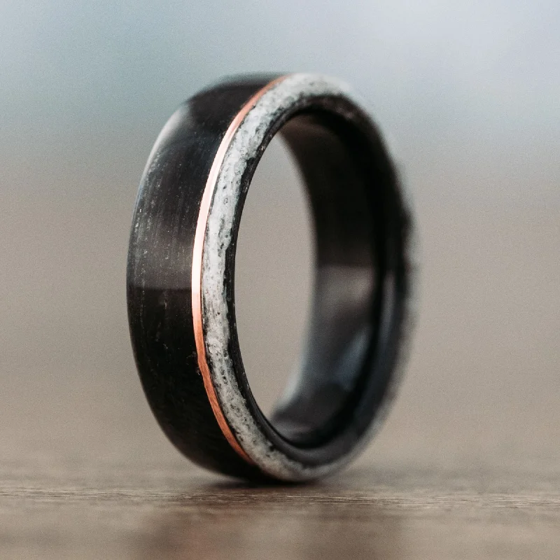 Premium Jewelry, Premium Discounts – Act Fast (In-Stock) The Whiskey Canyon | Men's Black Whiskey Barrel & Elk Antler Wedding Band with Offset Copper Inlay- Size 7.5 | 7mm Wide Premium Jewelry, Premium Discounts – Act Fast (In-Stock) The Whiskey Canyon | Men's Black Whiskey Barrel & Elk Antler Wedding Band with Offset Copper Inlay- Size 7.5 | 7mm Wide