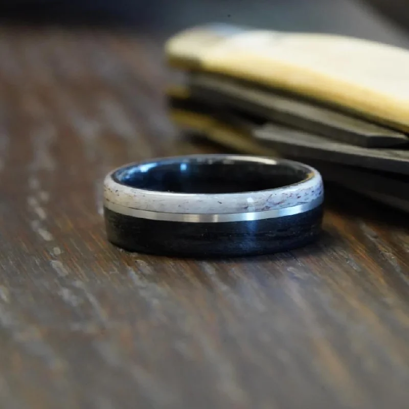 Fashion-Forward Jewelry At Exclusive Discounts (In-Stock) The Whiskey Canyon | Men's Black Whiskey Barrel & Elk Antler Wedding Band with Offset White Gold Inlay - Size 7.75 | 7mm Wide Fashion-Forward Jewelry At Exclusive Discounts (In-Stock) The Whiskey Canyon | Men's Black Whiskey Barrel & Elk Antler Wedding Band with Offset White Gold Inlay - Size 7.75 | 7mm Wide