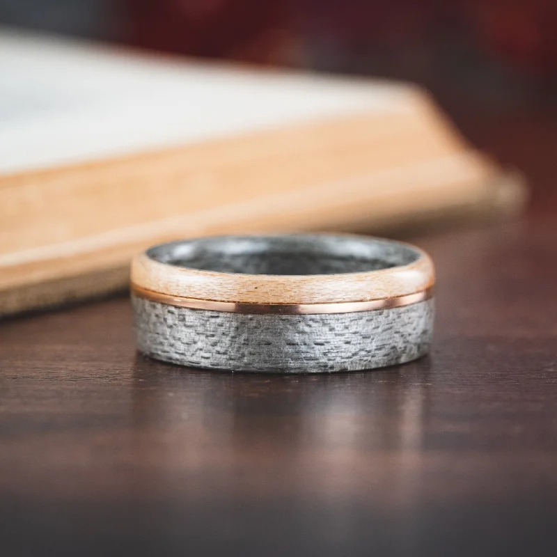 Shop Fine Jewelry With Exclusive Savings (In-Stock) Weathered Maple Ring - Offset Bronze Inlay & Natural Whiskey Barrel Edge - Size 10 | 8mm Wide Shop Fine Jewelry With Exclusive Savings (In-Stock) Weathered Maple Ring - Offset Bronze Inlay & Natural Whiskey Barrel Edge - Size 10 | 8mm Wide