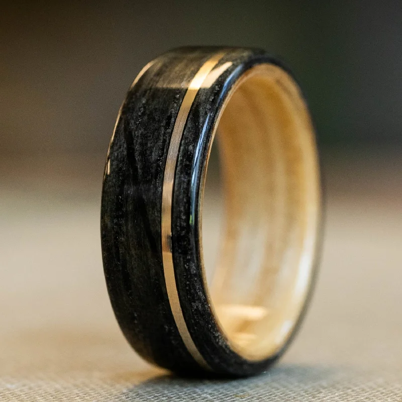 Trending Jewelry Now At Unbeatable Prices (In-Stock) Weathered Whiskey Barrel Ring, Natural Whiskey Barrel Liner & Offset Yellow Gold - Size 9.75 | 8mm Wide Trending Jewelry Now At Unbeatable Prices (In-Stock) Weathered Whiskey Barrel Ring, Natural Whiskey Barrel Liner & Offset Yellow Gold - Size 9.75 | 8mm Wide