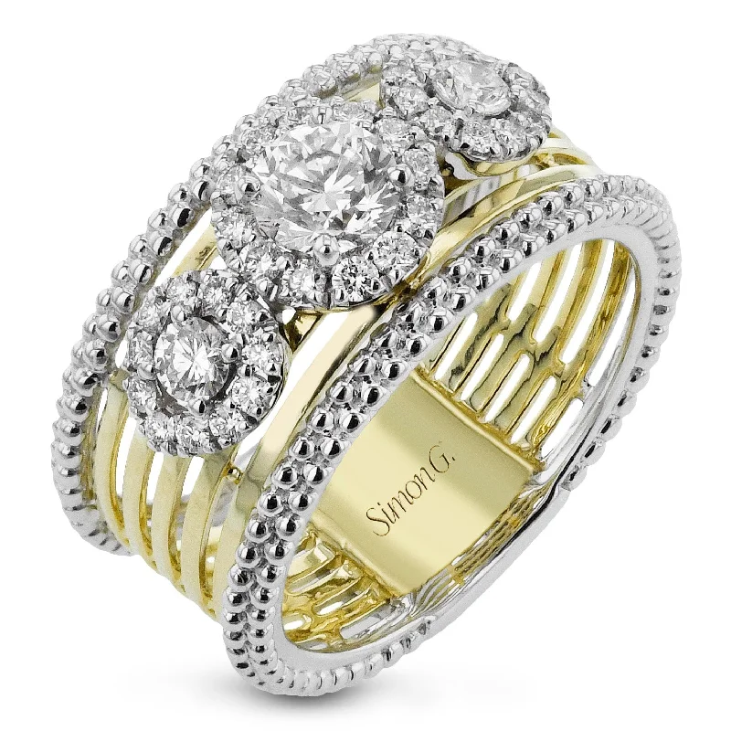 Dainty And Elegant Jewelry Now At Reduced Prices Three-Stone Halo Fashion Ring In 18k Gold With Diamonds Dainty And Elegant Jewelry Now At Reduced Prices Three-Stone Halo Fashion Ring In 18k Gold With Diamonds