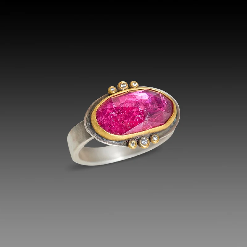 Shop Modern Jewelry Collections With Exclusive Discounts Pink Tourmaline Ring with Diamond Trios Shop Modern Jewelry Collections With Exclusive Discounts Pink Tourmaline Ring with Diamond Trios