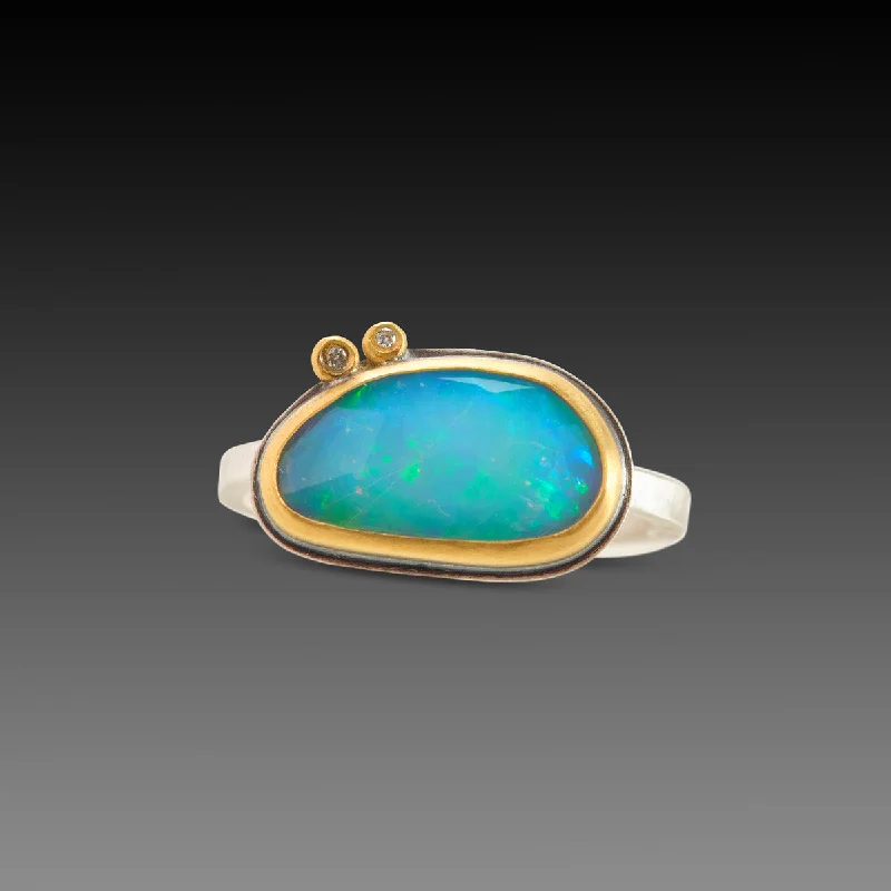 Dainty Floral Jewelry For Feminine Elegance Rose Cut Ethiopian Opal Ring With Two Diamonds Dainty Floral Jewelry For Feminine Elegance Rose Cut Ethiopian Opal Ring With Two Diamonds