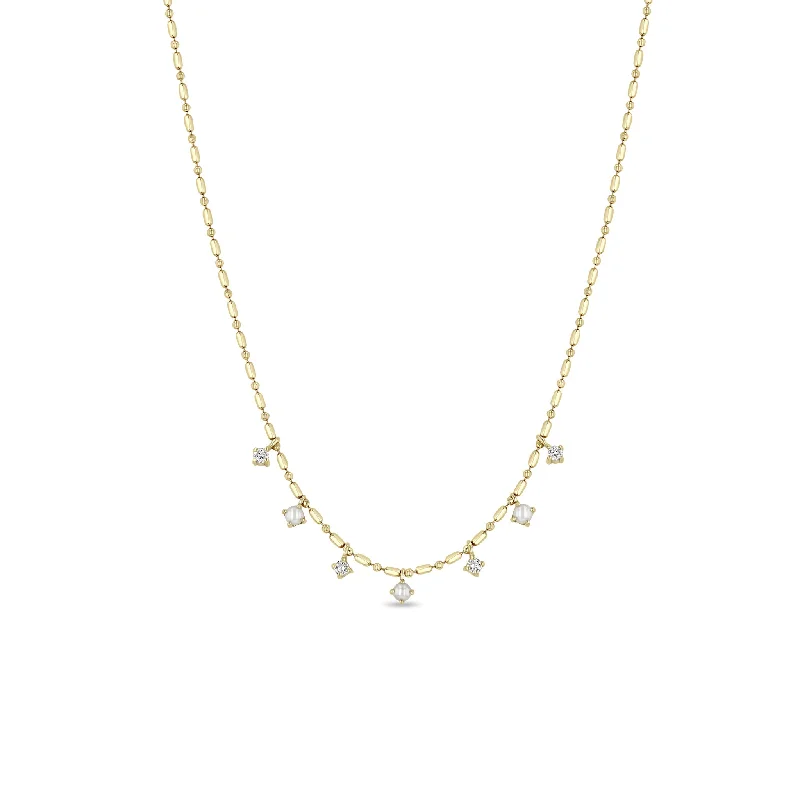 Affordable Glamour – Premium Jewelry For Less 14k 7 Dangling Prong Pearl & Diamond Tube Bar Chain Necklace