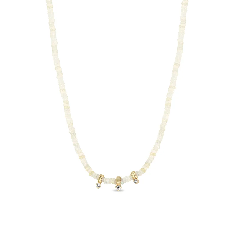 Handcrafted Jewelry Sale – Unique Designs At Low Prices 14k Gold & Fire Opal Rondelle Bead Necklace with 3 Graduated Prong Diamonds