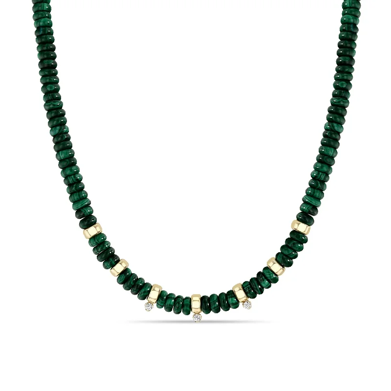 High-Quality Jewelry At A Fraction Of The Cost 14k Gold & Malachite Rondelle Bead Necklace with 3 Prong Diamonds