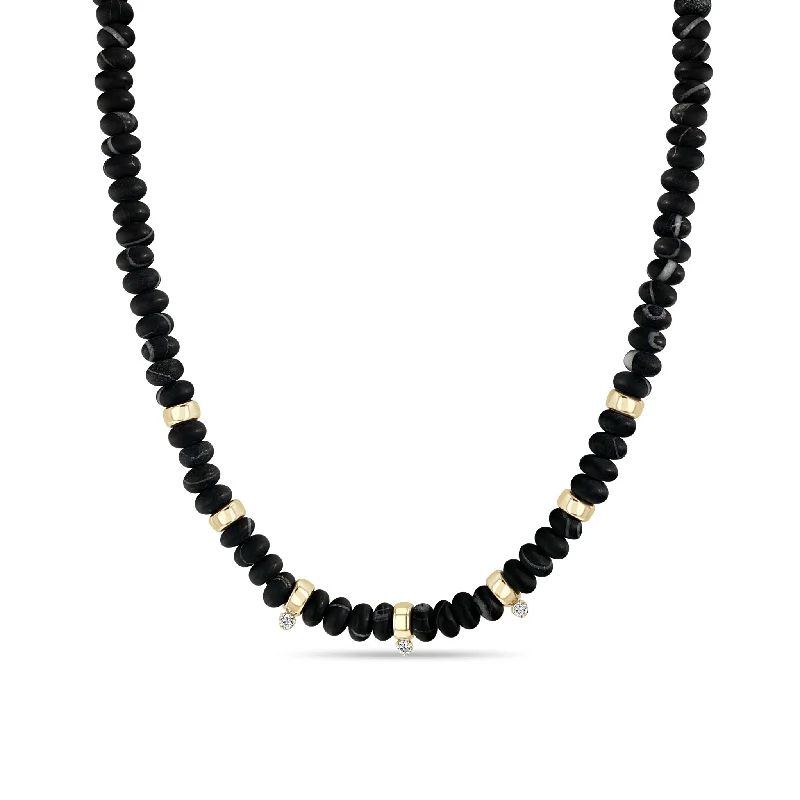 Gorgeous Jewelry, Limited-Time Savings 14k Gold & Matte Black Agate Rondelle Bead Necklace with 3 Prong Diamonds
