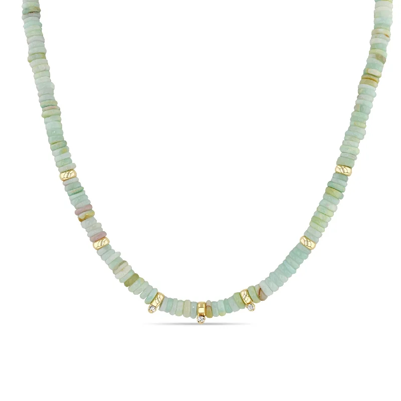 The Perfect Jewelry Piece At The Perfect Discount 14k Gold & Mixed Light Blue Opal Rondelle Bead Necklace with 3 Prong Diamonds